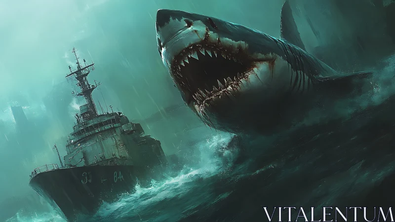 Giant shark attacks military ship in stormy dark ocean