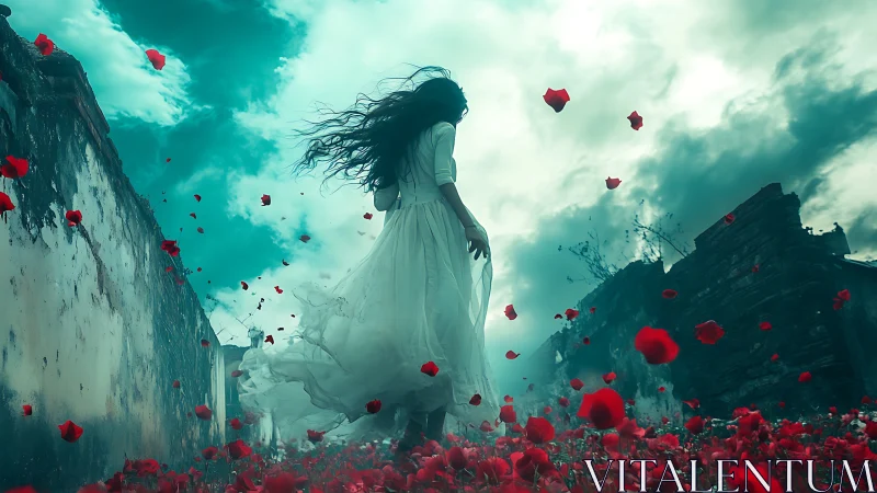 Woman in white dress walking through red flower field.