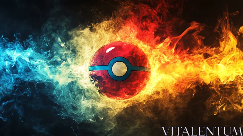 Spherical red device in symmetrical blue and orange flames.