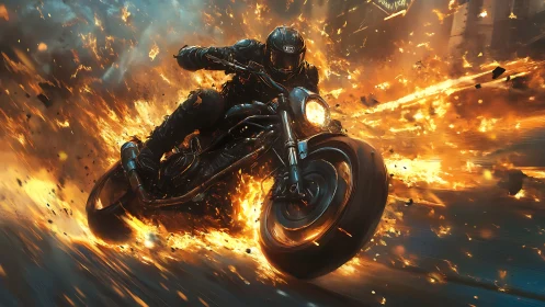 Motorcyclist cornering through explosive firestorm, dynamic motion
