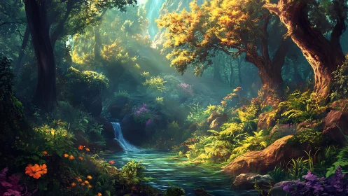 Enchanted Forest Haven with Waterfall.