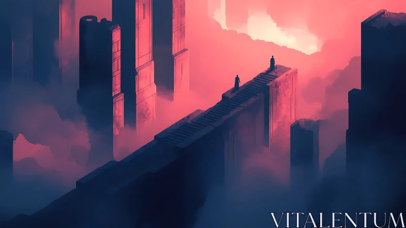 Monolithic stairway cuts through volumetric fog toward distant void