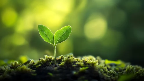 Emerging green seedling on mossy forest floor at sunrise.