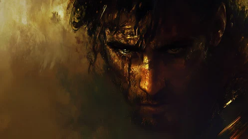 Brooding male portrait in molten gold chiaroscuro lighting