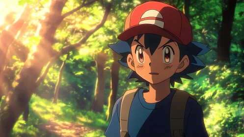 Anime boy in red cap walking through sunlit forest path.