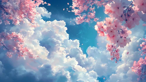 Cherry blossoms frame luminous clouds against deep sky