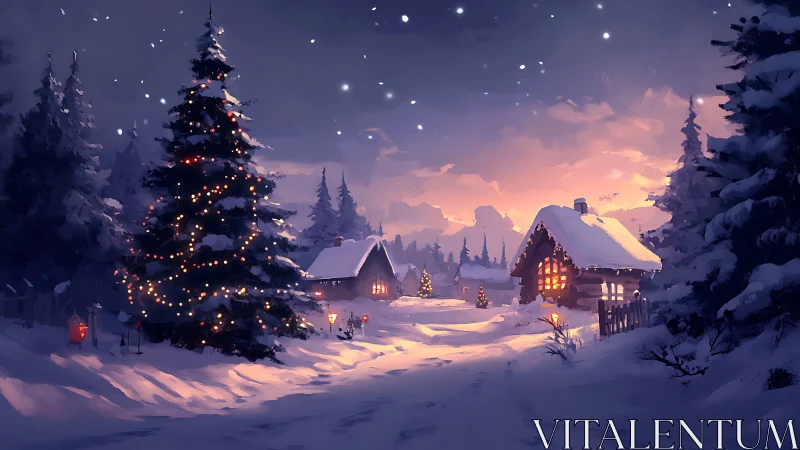 Snowy cottage village glows under twilight winter sky