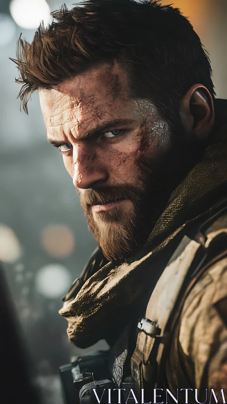 Battle-hardened soldier stares forward with intense focus