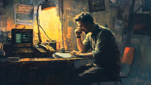 Late night workspace glows as a focused man studies quietly