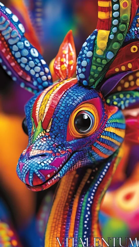 Colorful fantasy creature smiles in bright patterned detail