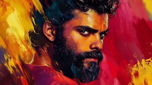 Storm-eyed gaze slices through molten strokes of color