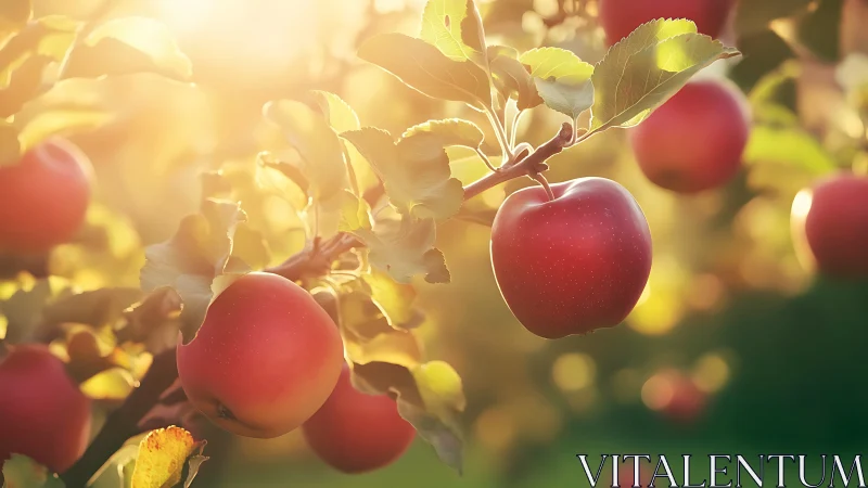 Sunlit orchard apples glowing in a gentle golden haze.