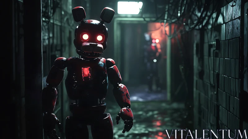 Red-eyed corridor automaton stalks the leaking neon gloom.