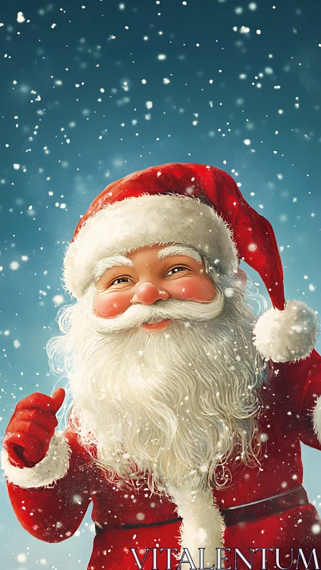 Rendered Santa Claus figure stands amid falling snow