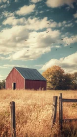 Quiet red barn under wandering birds and honeyed prairie sky.