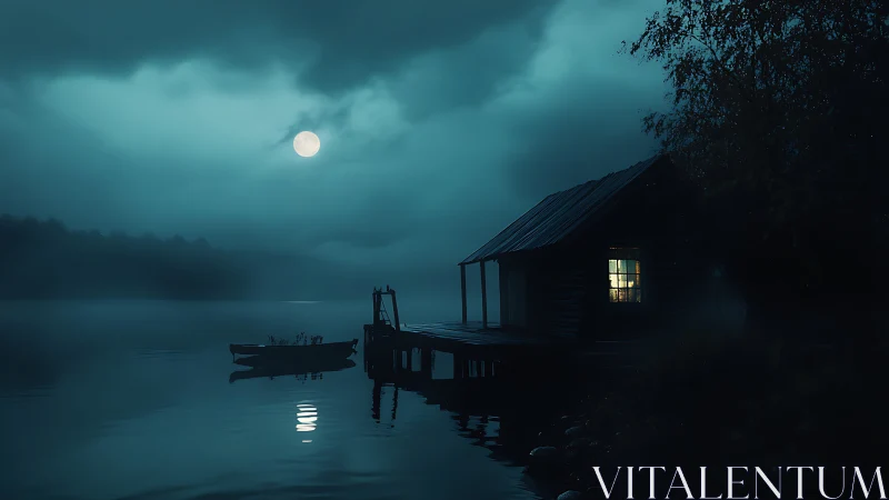 Moonlit lake cabin glows through dense misty night