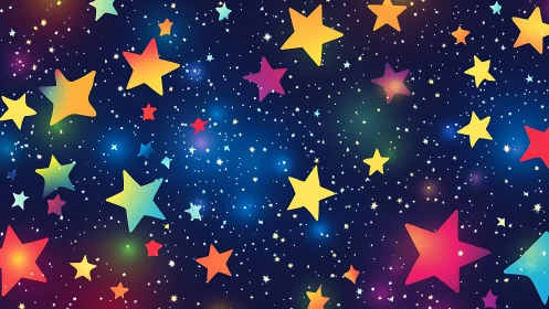 Colorful cartoon stars drift across a glowing night sky.