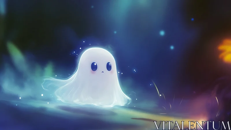 Small glowing ghost character stands in soft blue mist