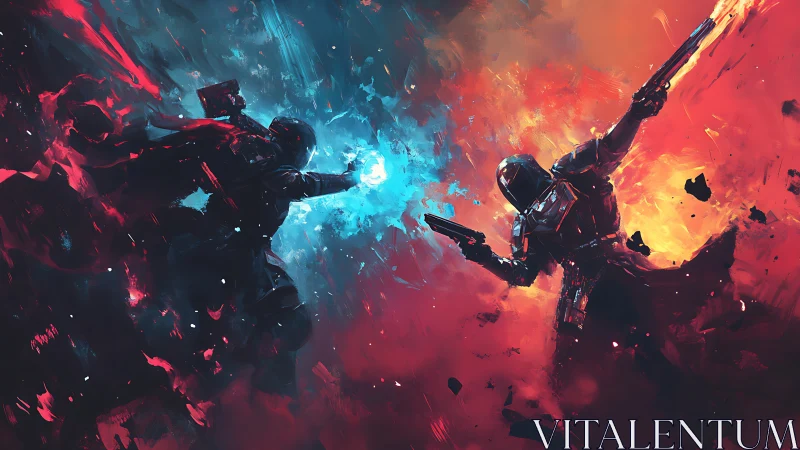 Armored warriors clash amid blue and orange cosmic firestorm.