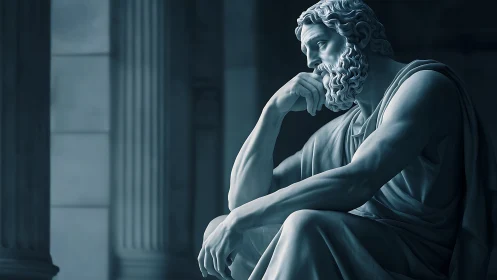 Stone figure in contemplative pose sits before fluted columns