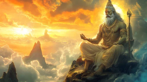 Divine sage meditating above sunlit clouds at dusk.