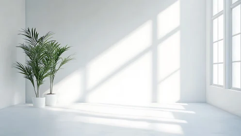 Minimalist white interior shows strong side lighting and potted palms