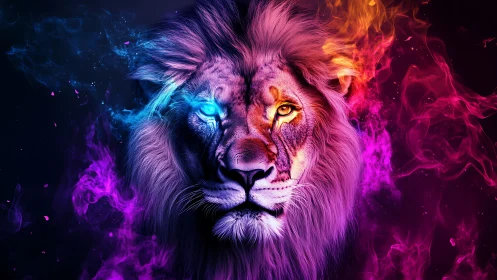 Bicolored digital lion head with surrounding neon smoke.