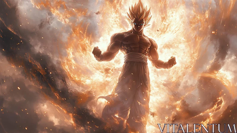 Powerful anime warrior in blazing fiery energy aura.
