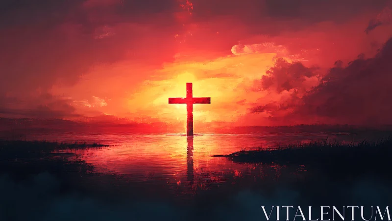 Red sunset sky over water with solitary cross silhouette.