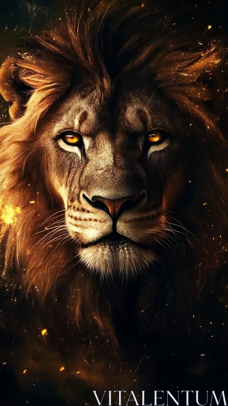 High-contrast leonine portrait with ember-laced mane rendering.