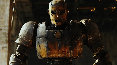 Rustworn guardian robot glares through dust and ruin.