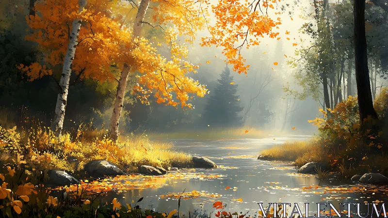 Golden autumn river glows softly through misty forest light