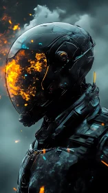 Futuristic armored figure with burning visor in dark smoke.