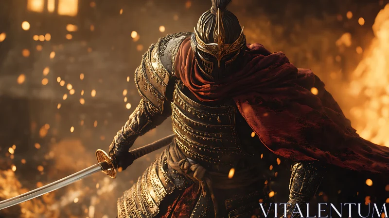 Ember crowned warrior strides through storm of molten sparks.