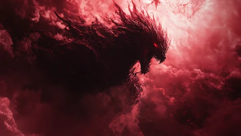 Crimson storm-beast uncoils from burning celestial clouds