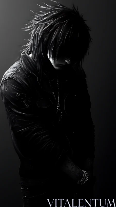 Brooding punk figure in monochrome shadowed portrait scene.