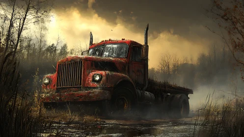 Rusting red truck rests in misty marsh under storm sky