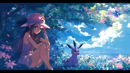 Melancholic anime girl and creature in luminous coastal glade