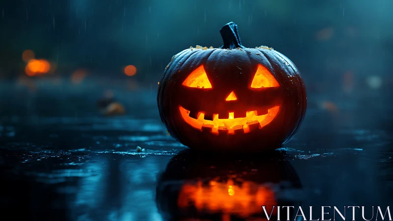 Rain-slick jack-o’-lantern grinning through the blue gloom.