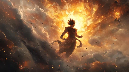 Radiant warrior rising through blazing storm clouds.