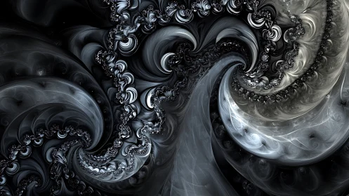 Swirling moonlit fractal waves in a calm monochrome dream.