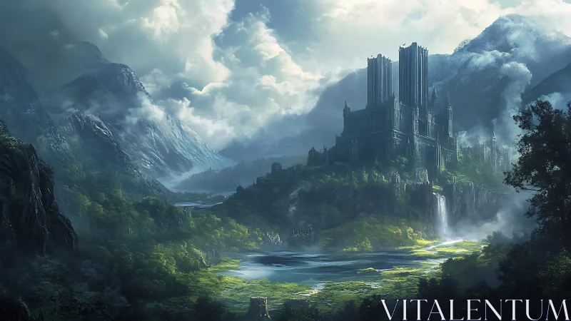 Mountain fortress complex rises above misted forest basin