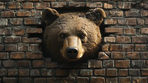 Hyperreal bear head emerging through fractured brick masonry.
