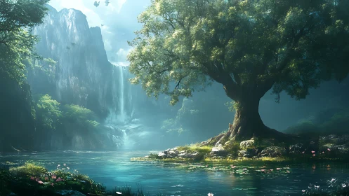 Enchanted riverside tree beside crystal falls at dawn.