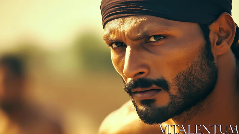 Cinematic close-up portrait of intense man in warm backlight.