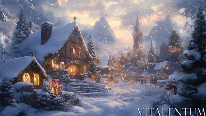 Snow-covered alpine village with festive cottages at dusk