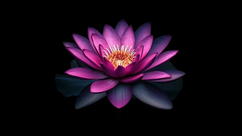 Magenta lotus flower with golden center on black background