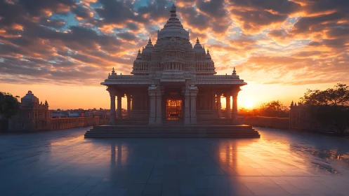 Sunlit marble temple façade under dramatic glowing sky.