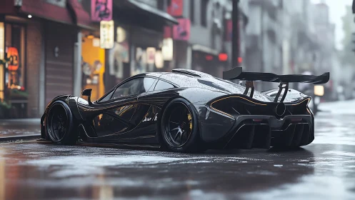 Black hypercar sits on wet city street under overcast daylight