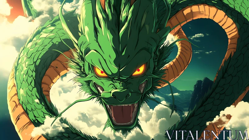 Coiled emerald sky dragon with glowing eyes dominates cloudscape